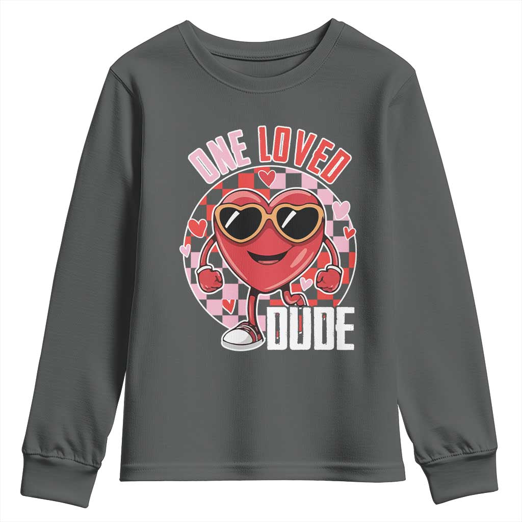 Funny Valentine's Day Youth Sweatshirt One Loved Dude Cute Heart Checkerboard