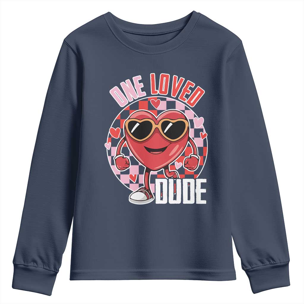 Funny Valentine's Day Youth Sweatshirt One Loved Dude Cute Heart Checkerboard