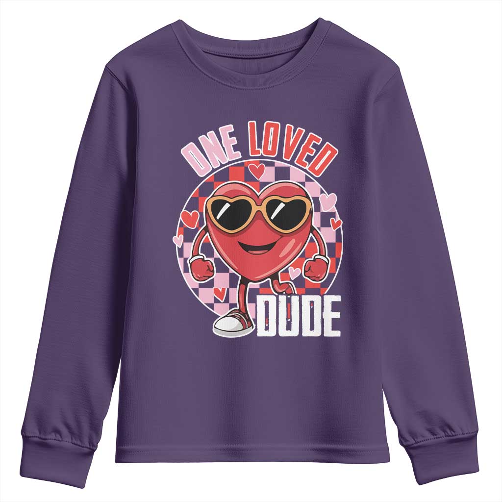 Funny Valentine's Day Youth Sweatshirt One Loved Dude Cute Heart Checkerboard