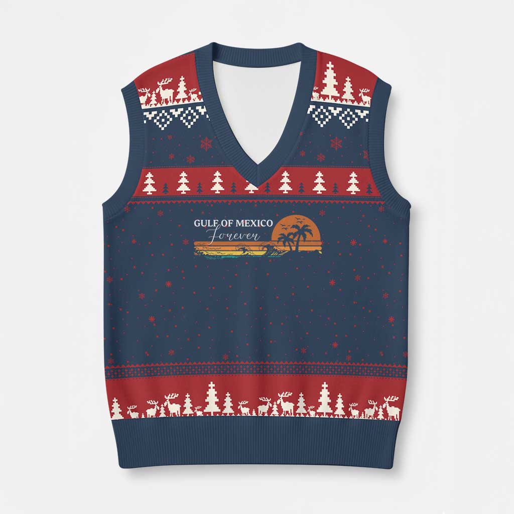 Gulf Of Mexico Forever V-Neck Knit Sweater Vest Beach Palm Treen Vintage Retro - Wonder Print Shop