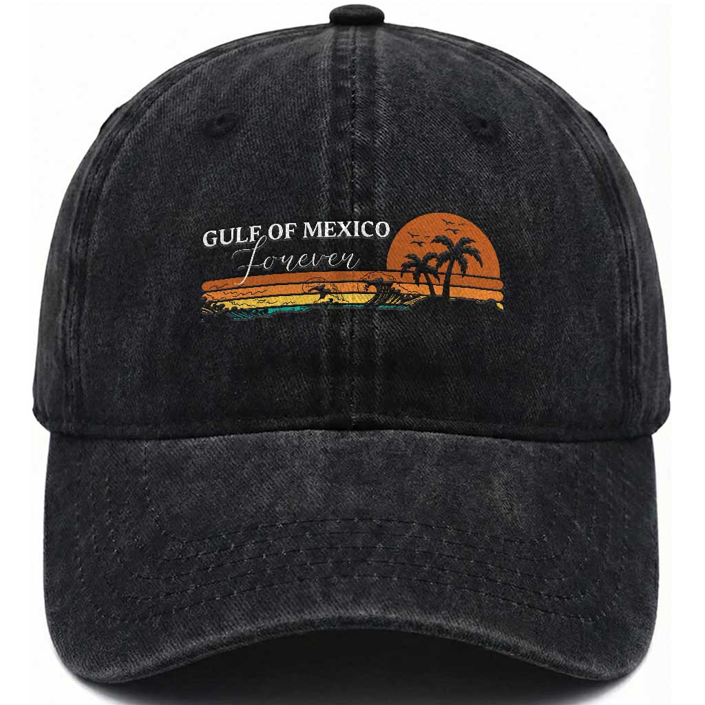 Gulf Of Mexico Forever Washed Cotton Baseball Cap Beach Palm Treen Vintage Retro
