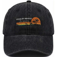 Gulf Of Mexico Forever Washed Cotton Baseball Cap Beach Palm Treen Vintage Retro