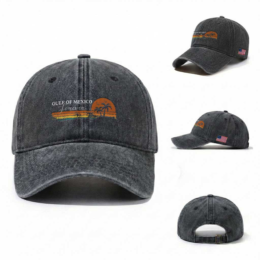 Gulf Of Mexico Forever Washed Cotton Baseball Cap Beach Palm Treen Vintage Retro