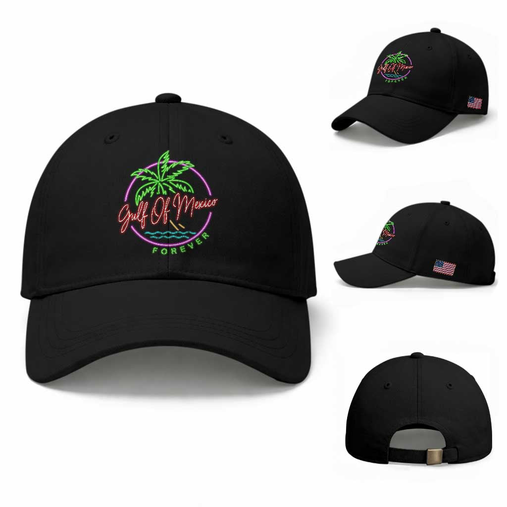 Gulf Of Mexico Forever Baseball Cap Beach Coconut Palm Tree Neon Light