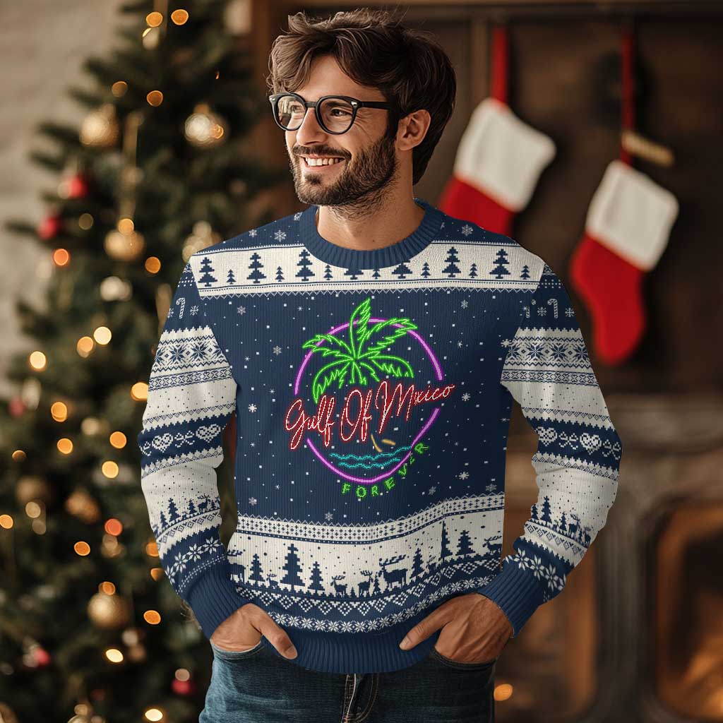 Gulf Of Mexico Forever Ugly Christmas Sweater Beach Coconut Palm Tree Neon Light - Wonder Print Shop