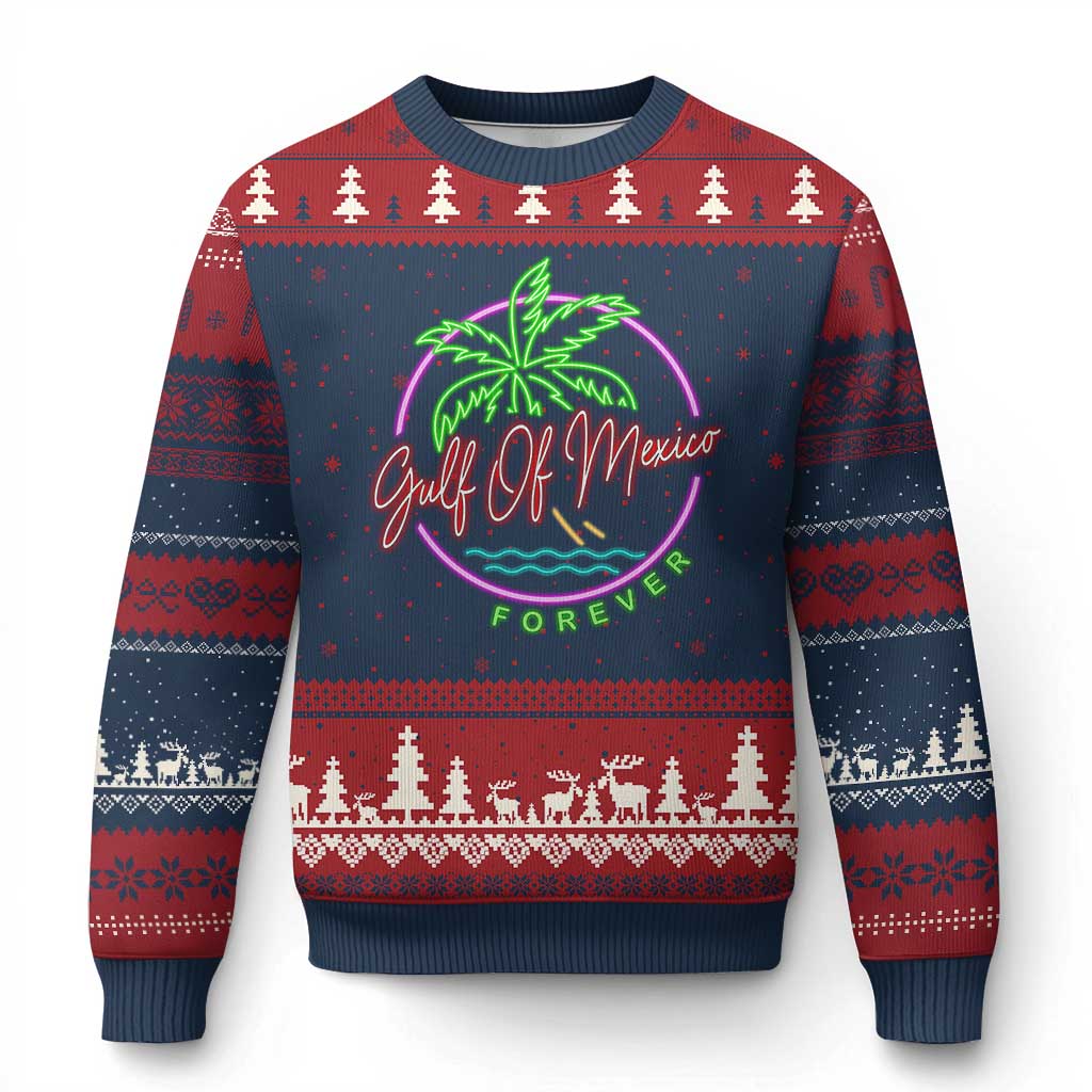 Gulf Of Mexico Forever Ugly Christmas Sweater Beach Coconut Palm Tree Neon Light - Wonder Print Shop