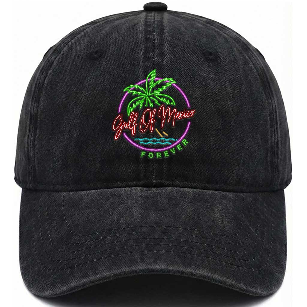 Gulf Of Mexico Forever Washed Cotton Baseball Cap Beach Coconut Palm Tree Neon Light
