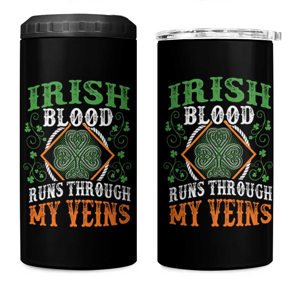 Funny Irish Blood Runs Through My Veins 4 in 1 Can Cooler Tumbler Irish Pride Shamrock