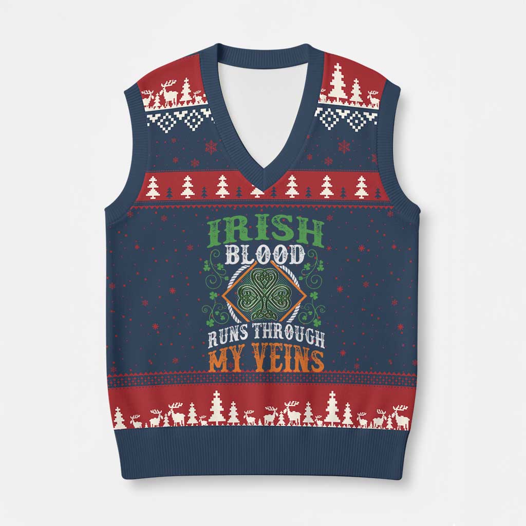 Funny Irish Blood Runs Through My Veins V-Neck Knit Sweater Vest Irish Pride Shamrock - Wonder Print Shop