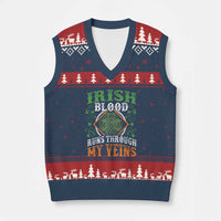 Funny Irish Blood Runs Through My Veins V-Neck Knit Sweater Vest Irish Pride Shamrock - Wonder Print Shop