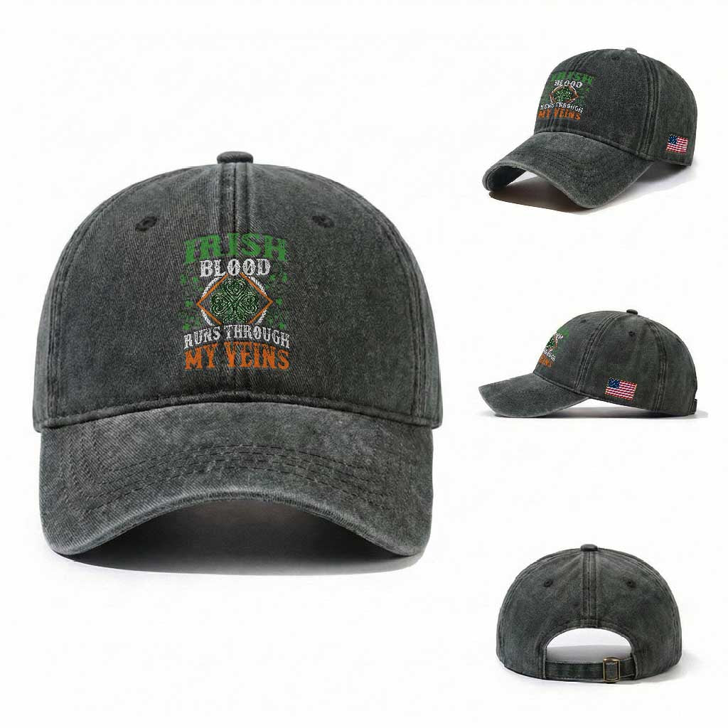 Funny Irish Blood Runs Through My Veins Washed Cotton Baseball Cap Irish Pride Shamrock