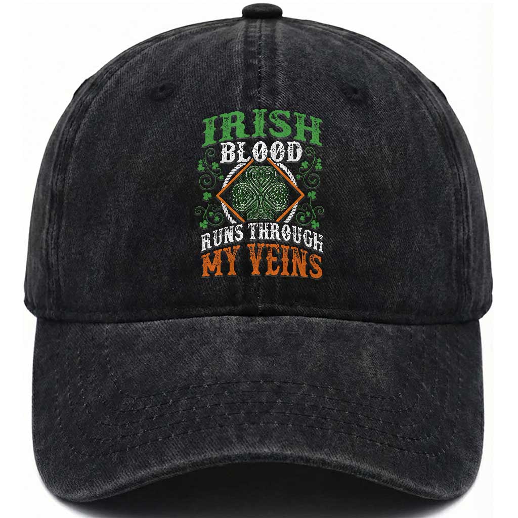 Funny Irish Blood Runs Through My Veins Washed Cotton Baseball Cap Irish Pride Shamrock