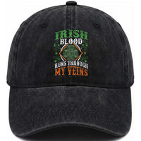 Funny Irish Blood Runs Through My Veins Washed Cotton Baseball Cap Irish Pride Shamrock