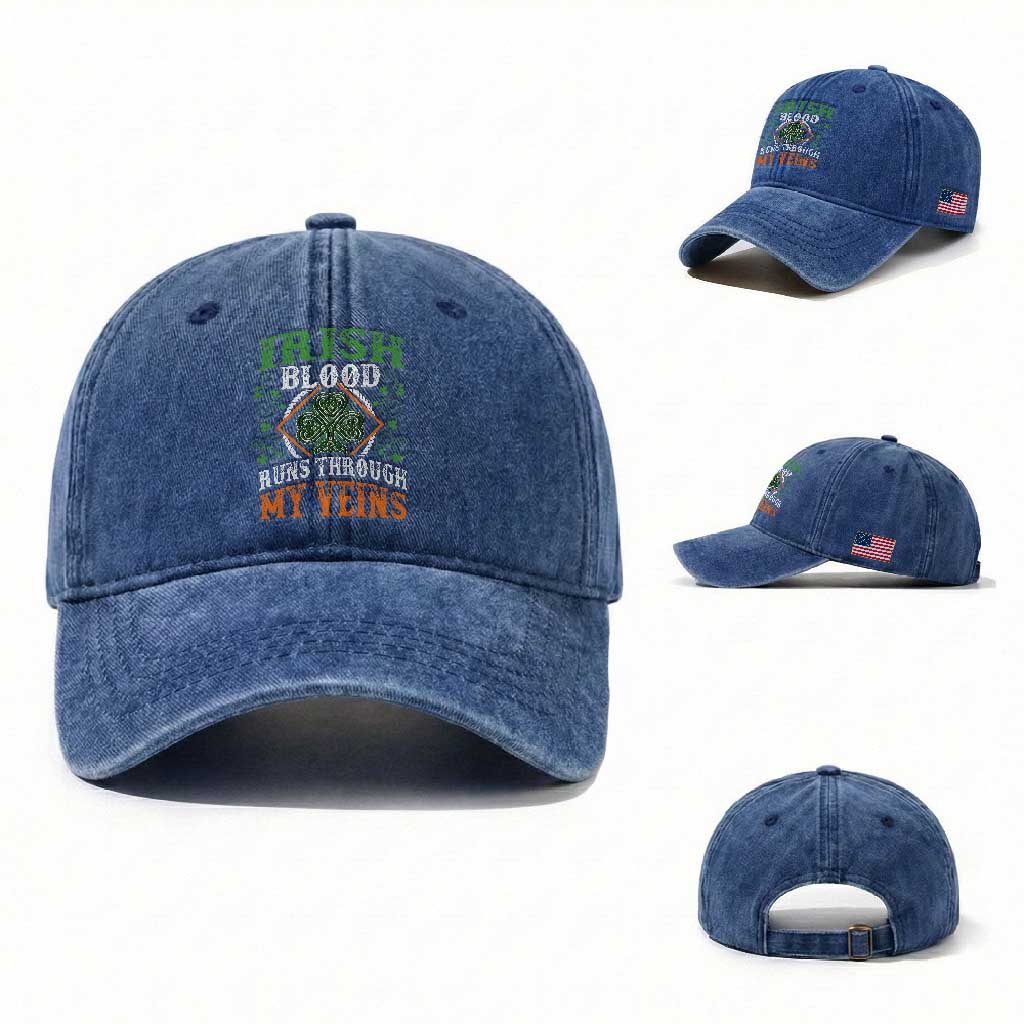 Funny Irish Blood Runs Through My Veins Washed Cotton Baseball Cap Irish Pride Shamrock