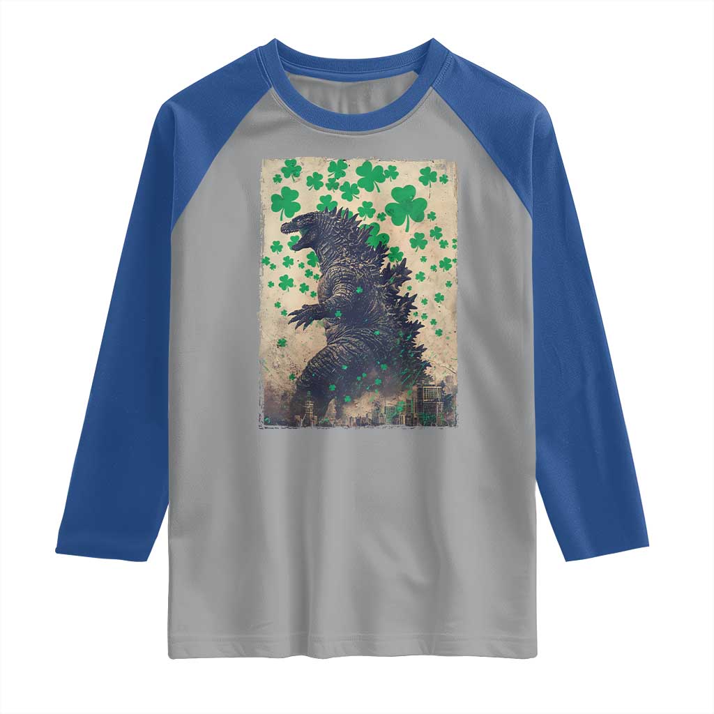 Funny St Patrick's Day Japanese Giant Monster Raglan Shirt Vintage Shamrock