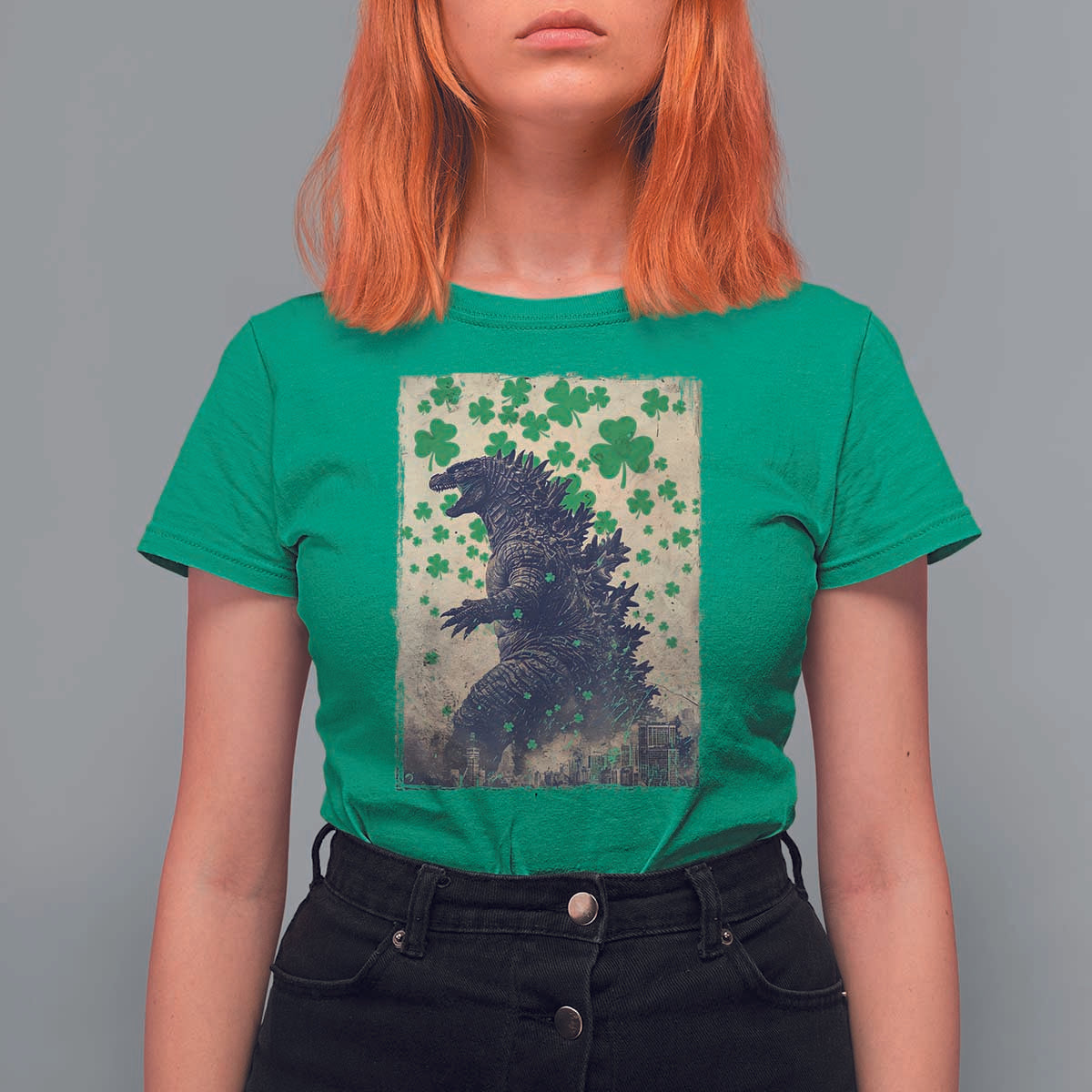 Funny St Patrick's Day Japanese Giant Monster T Shirt For Women Vintage Shamrock