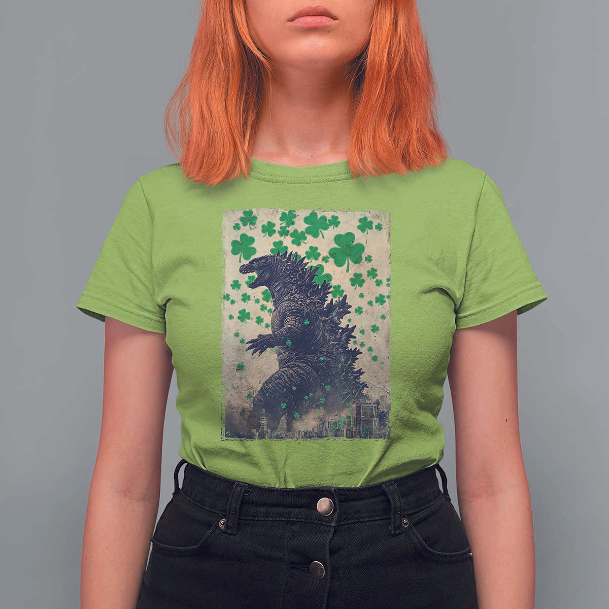 Funny St Patrick's Day Japanese Giant Monster T Shirt For Women Vintage Shamrock