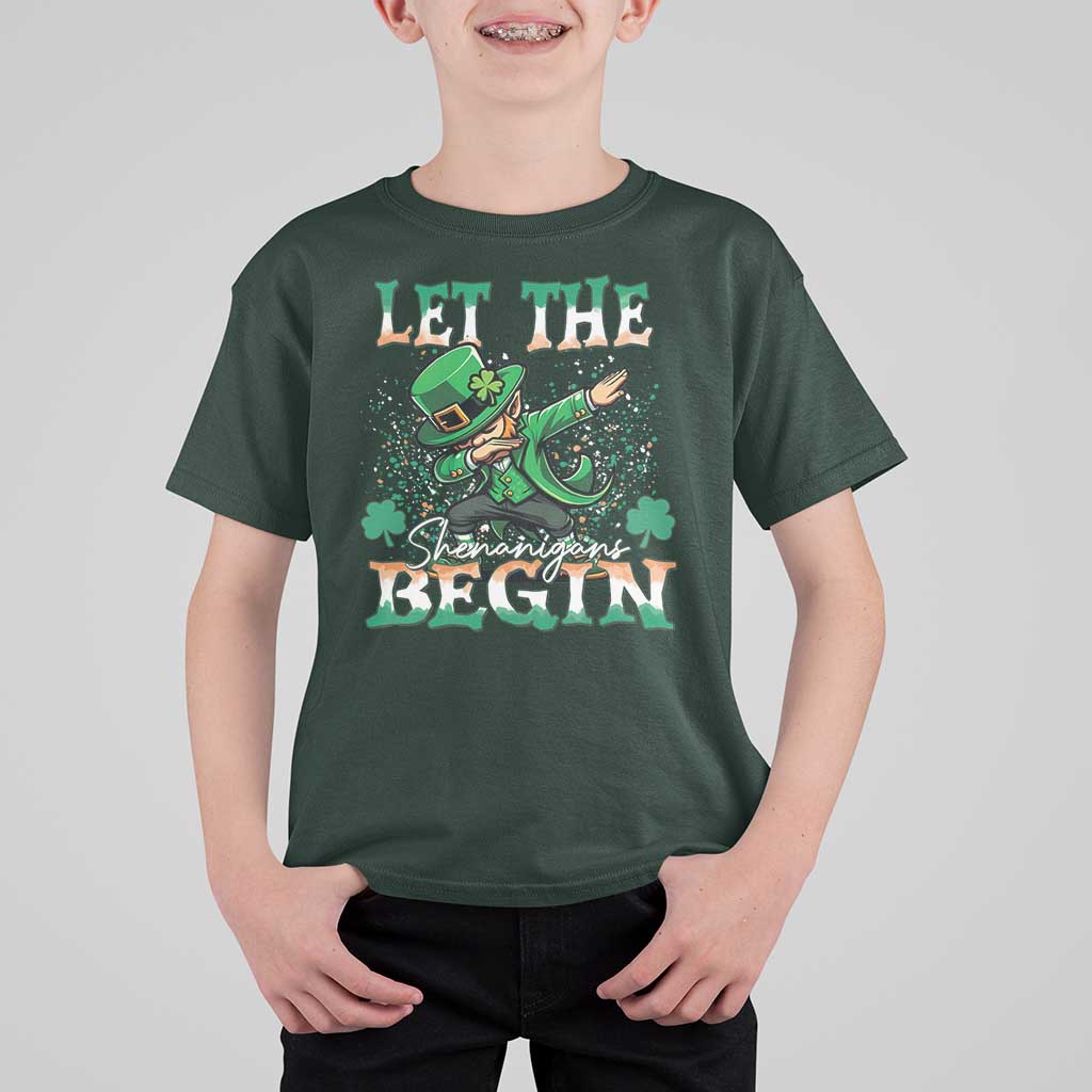 Funny Let The Shenanigans Begin T Shirt For Kid Dabbing Leprechaun St Patrick's Day