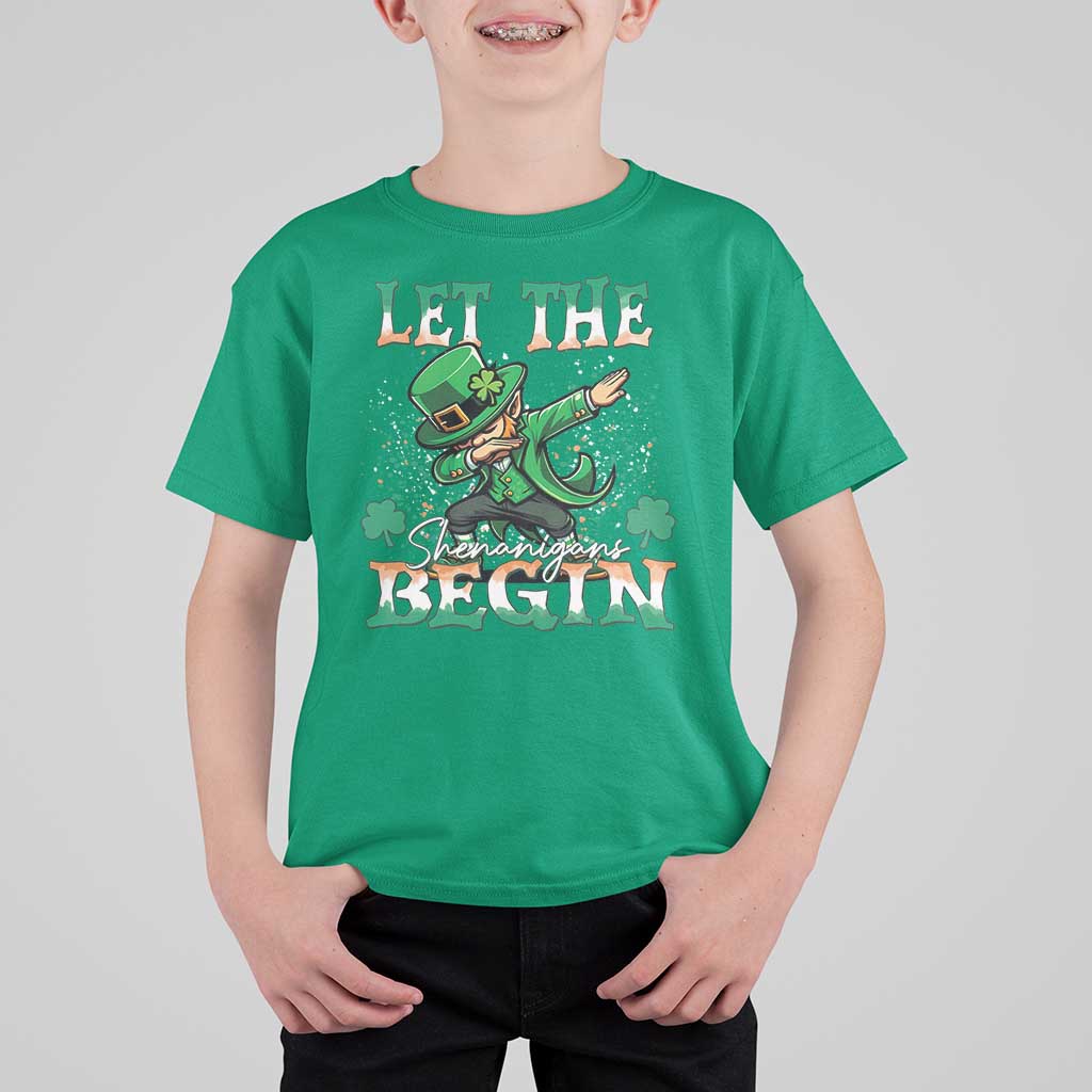 Funny Let The Shenanigans Begin T Shirt For Kid Dabbing Leprechaun St Patrick's Day