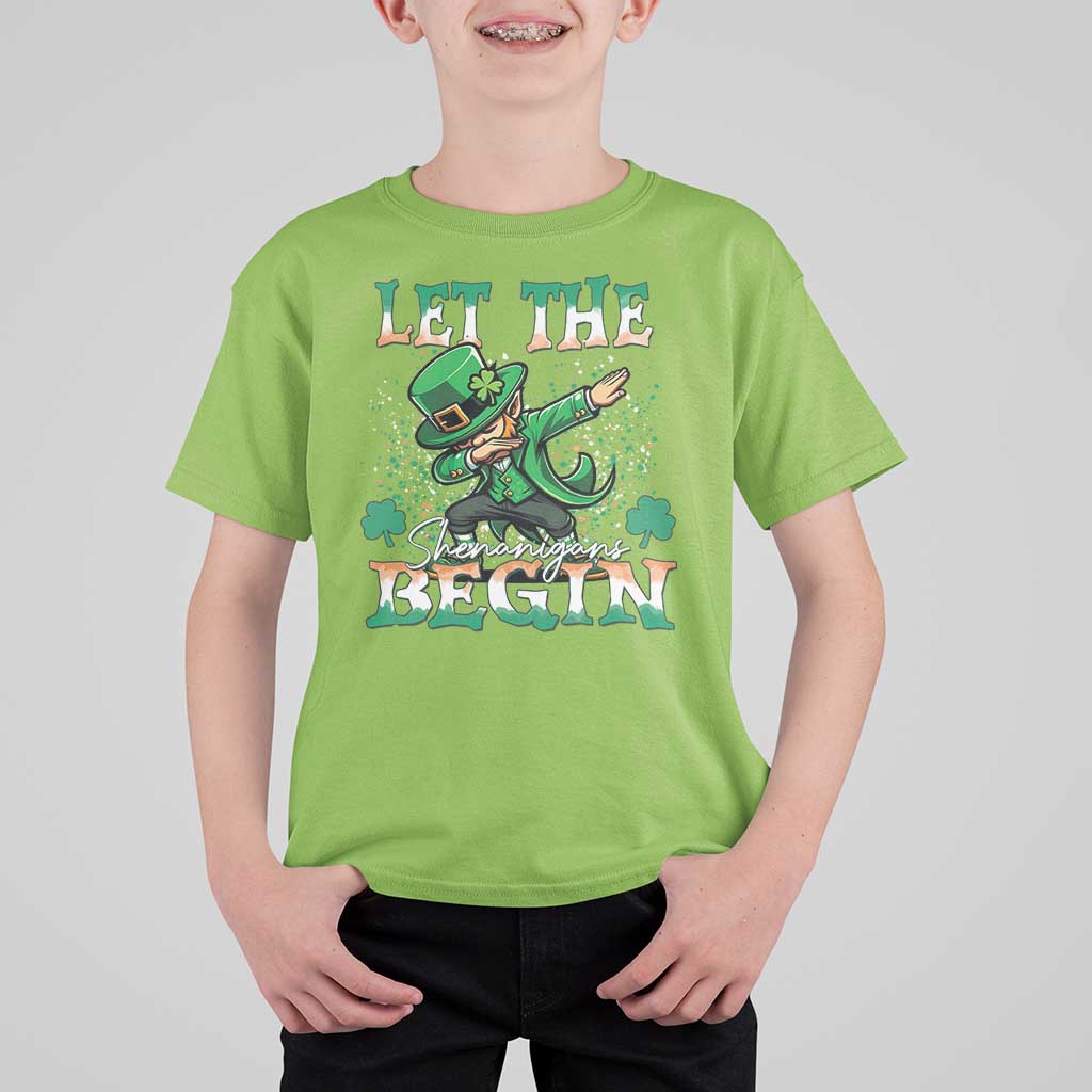 Funny Let The Shenanigans Begin T Shirt For Kid Dabbing Leprechaun St Patrick's Day
