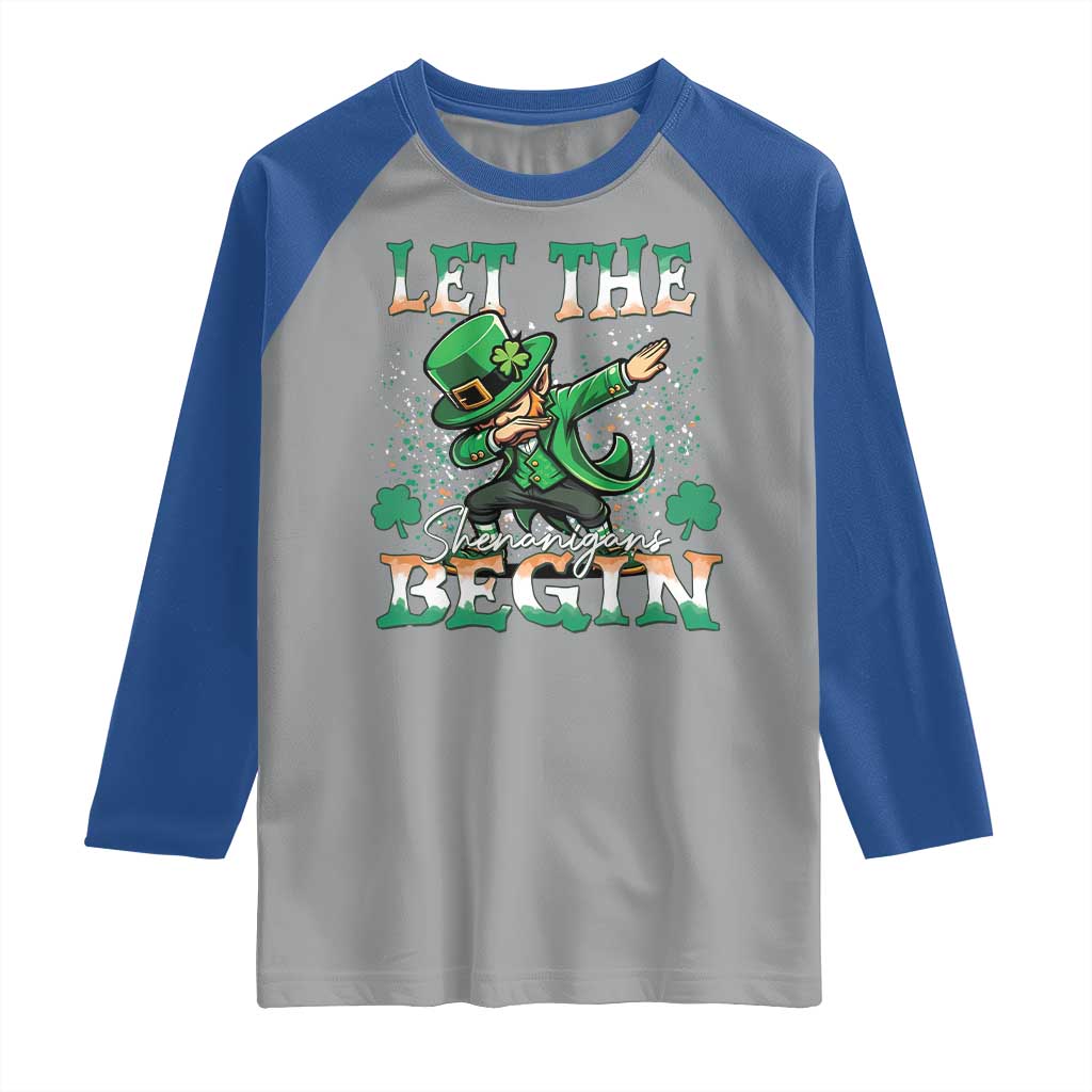 Funny Let The Shenanigans Begin Raglan Shirt Dabbing Leprechaun St Patrick's Day
