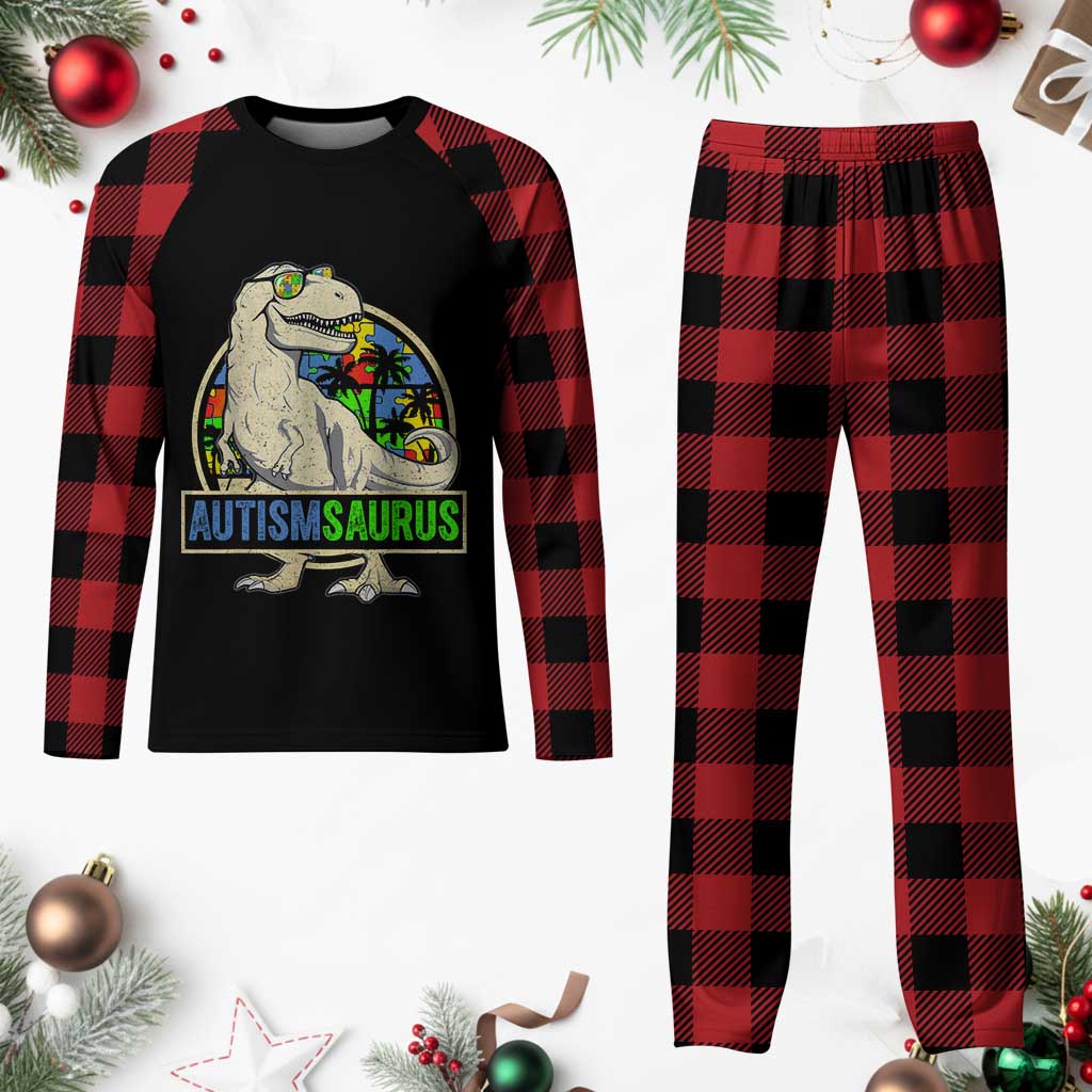 Funny Autism Awareness Dinosaur Plaid Pajama Set Autismsaurus Puzzle Pieces