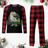 Funny Autism Awareness Dinosaur Plaid Pajama Set Autismsaurus Puzzle Pieces