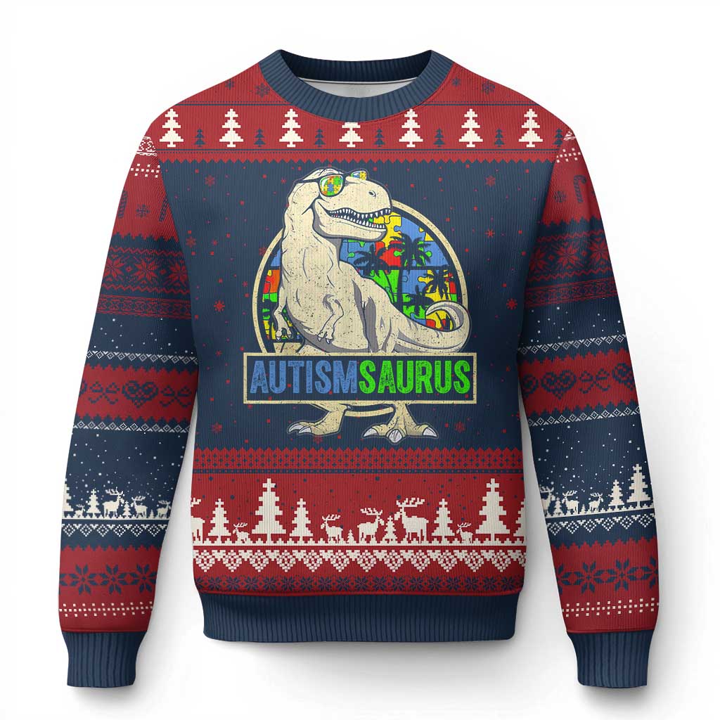 Funny Autism Awareness Dinosaur Ugly Christmas Sweater Autismsaurus Puzzle Pieces