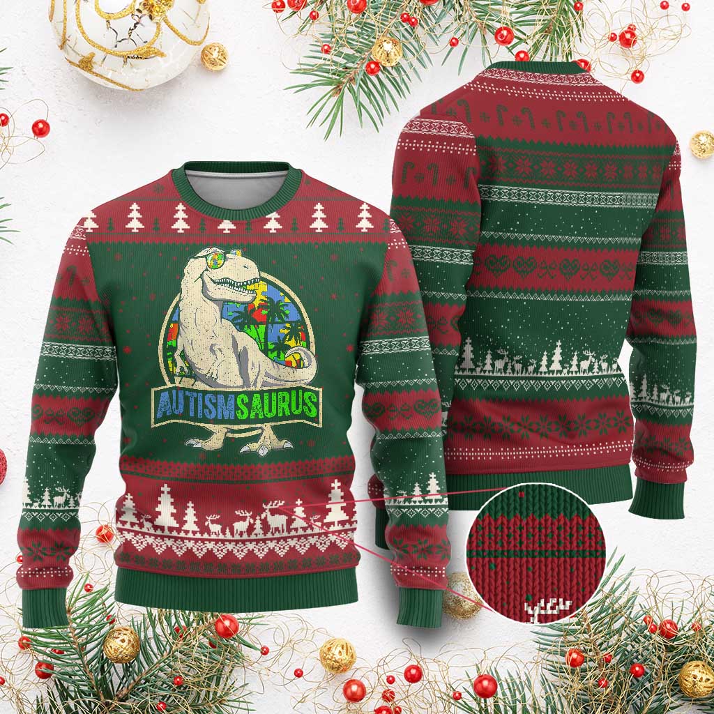Funny Autism Awareness Dinosaur Ugly Christmas Sweater Autismsaurus Puzzle Pieces