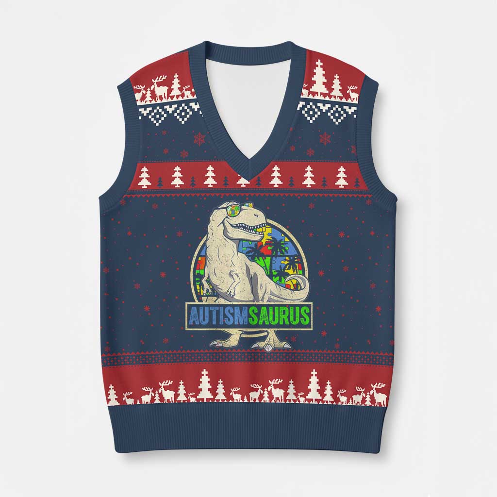 Funny Autism Awareness Dinosaur V-Neck Knit Sweater Vest Autismsaurus Puzzle Pieces