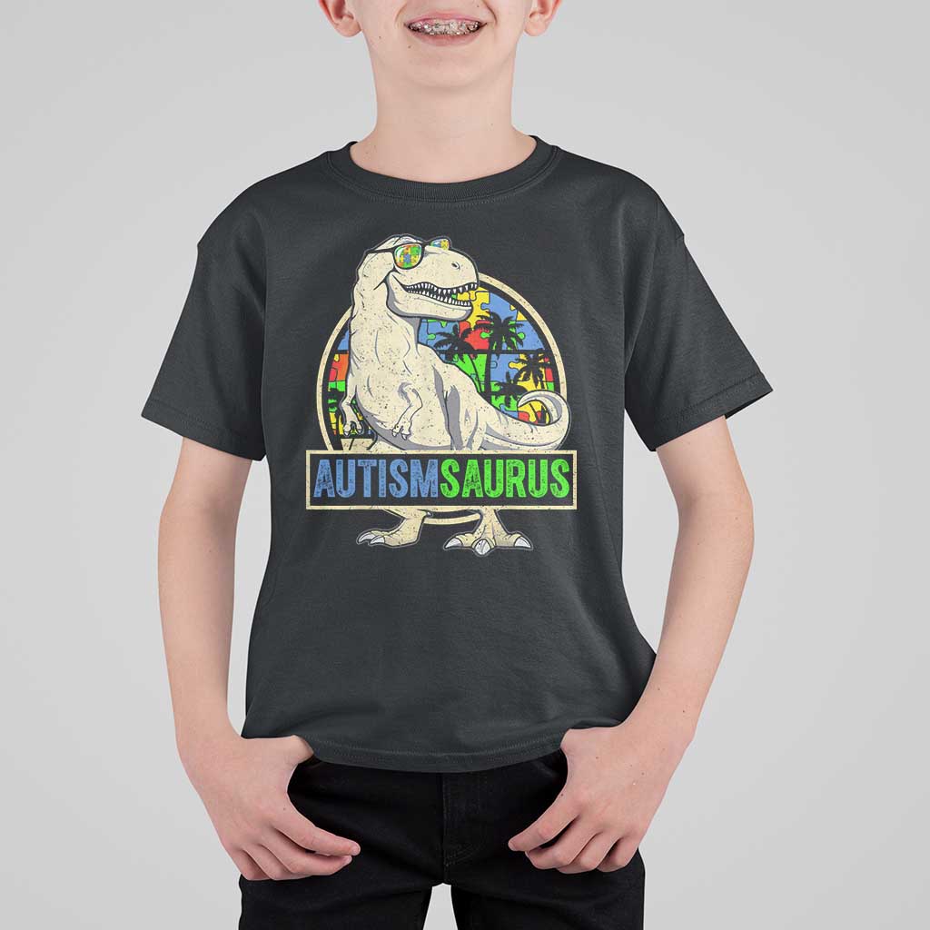 Funny Autism Awareness Dinosaur T Shirt For Kid Autismsaurus Puzzle Pieces