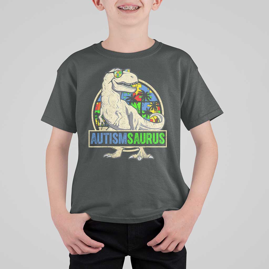 Funny Autism Awareness Dinosaur T Shirt For Kid Autismsaurus Puzzle Pieces