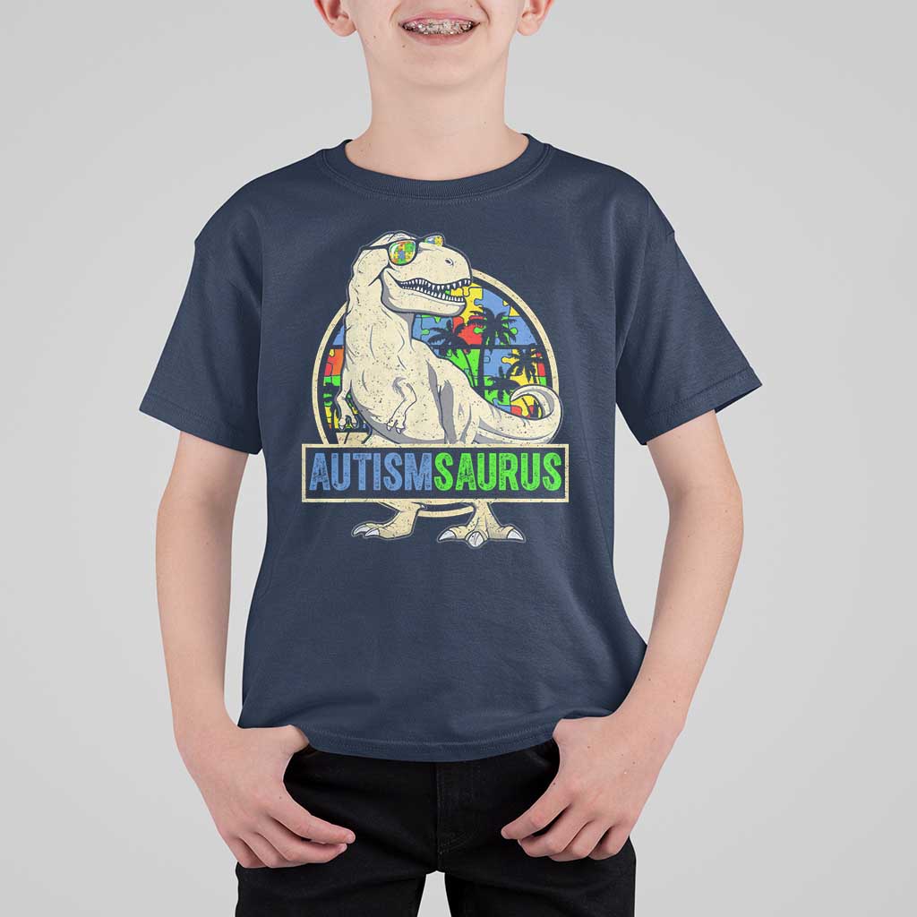 Funny Autism Awareness Dinosaur T Shirt For Kid Autismsaurus Puzzle Pieces