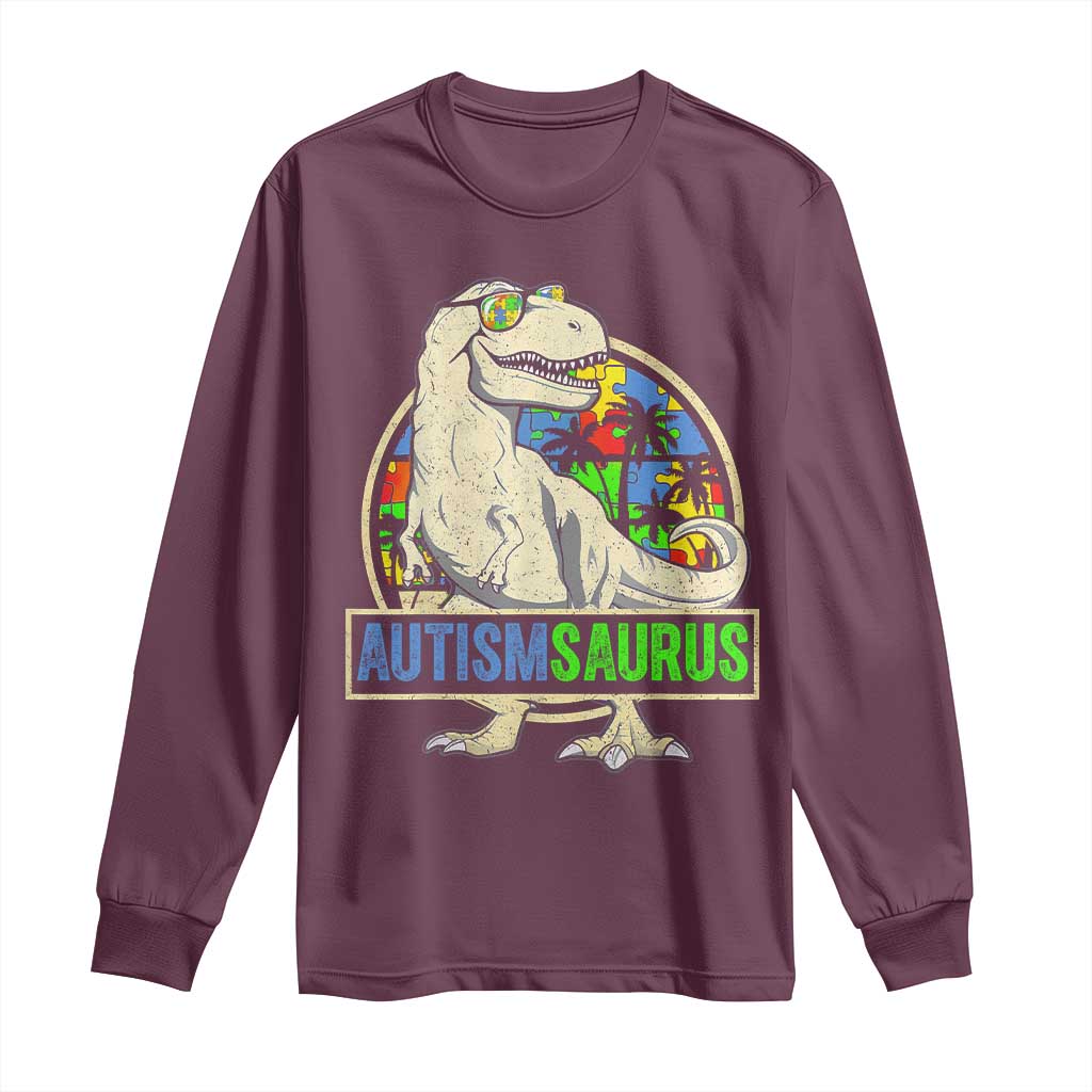 Funny Autism Awareness Dinosaur Long Sleeve Shirt Autismsaurus Puzzle Pieces