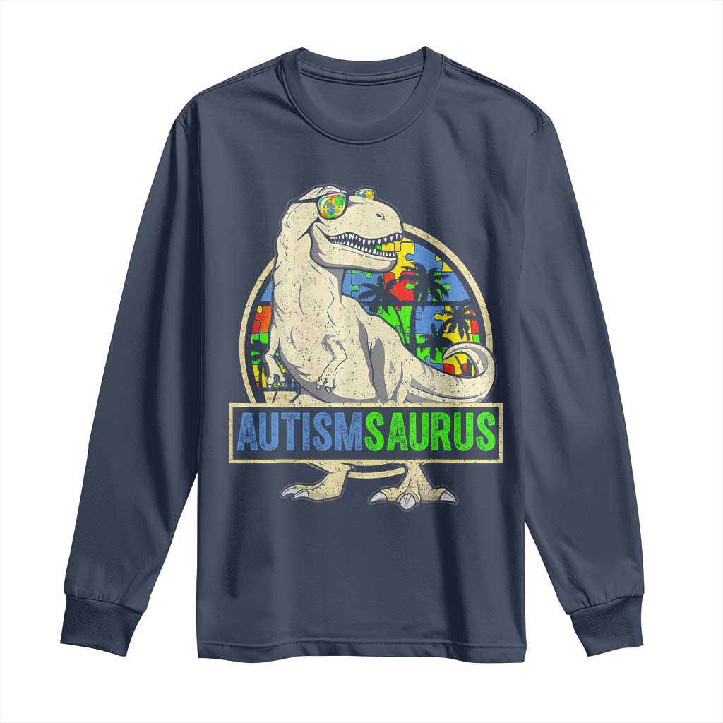 Funny Autism Awareness Dinosaur Long Sleeve Shirt Autismsaurus Puzzle Pieces