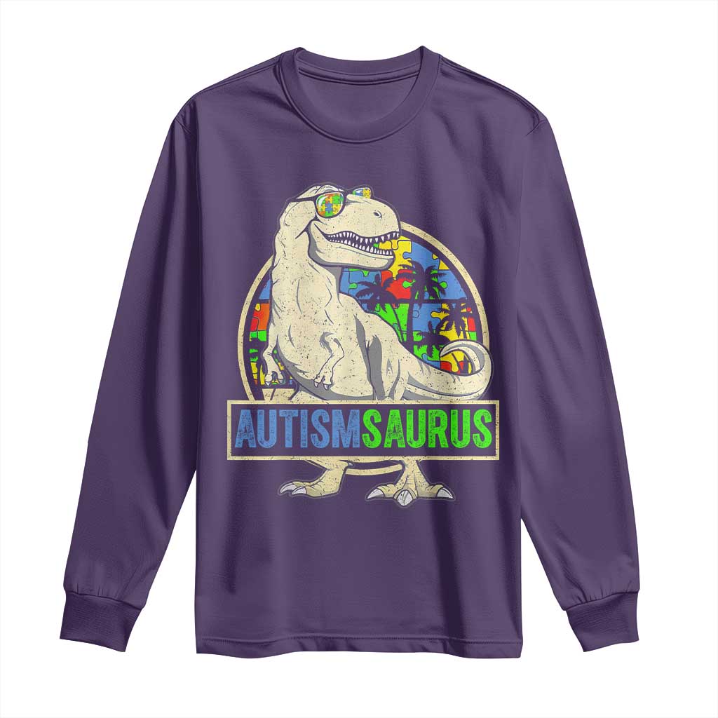 Funny Autism Awareness Dinosaur Long Sleeve Shirt Autismsaurus Puzzle Pieces