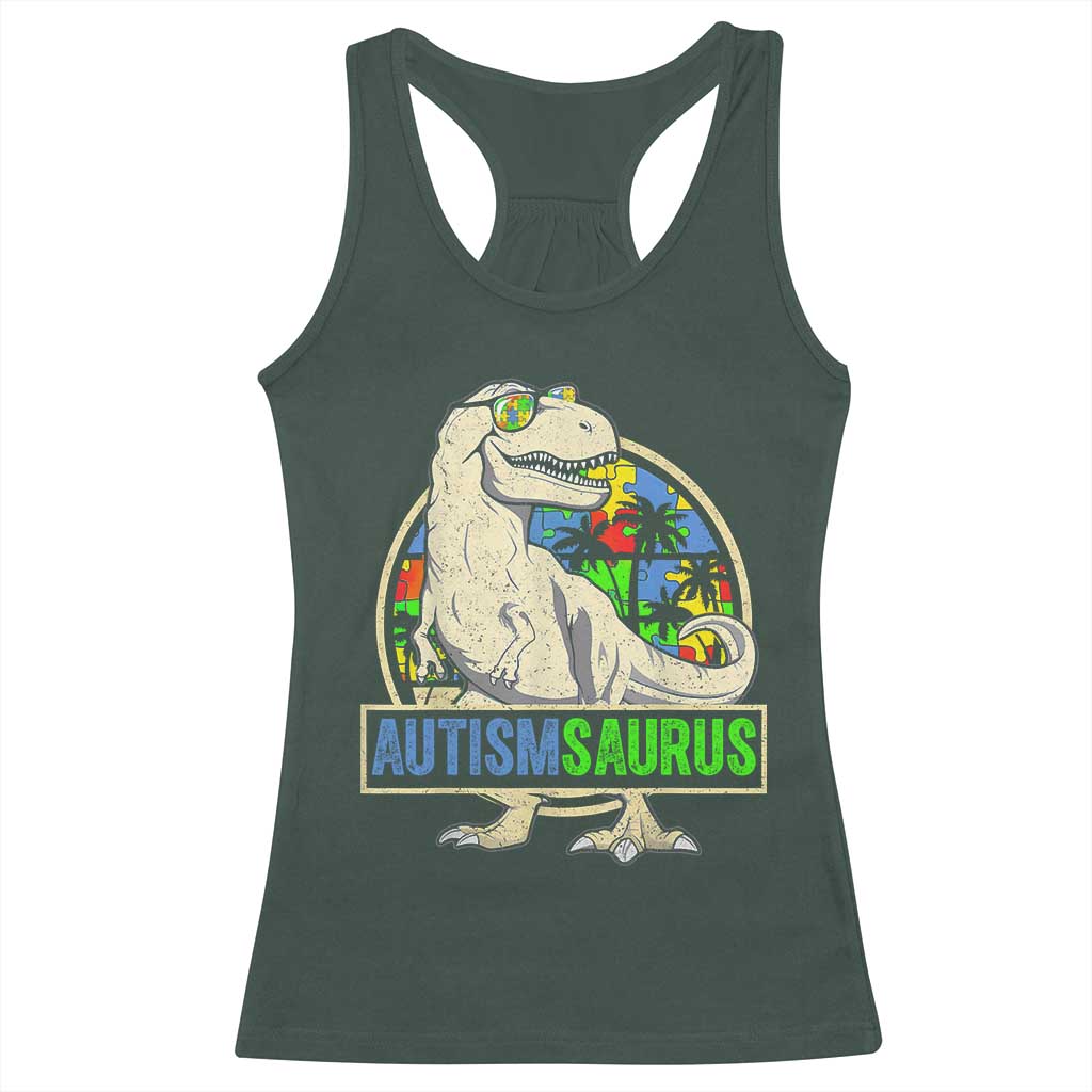 Funny Autism Awareness Dinosaur Racerback Tank Top Autismsaurus Puzzle Pieces