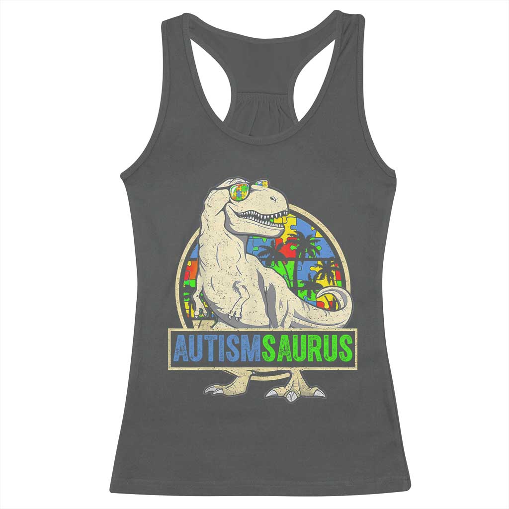 Funny Autism Awareness Dinosaur Racerback Tank Top Autismsaurus Puzzle Pieces