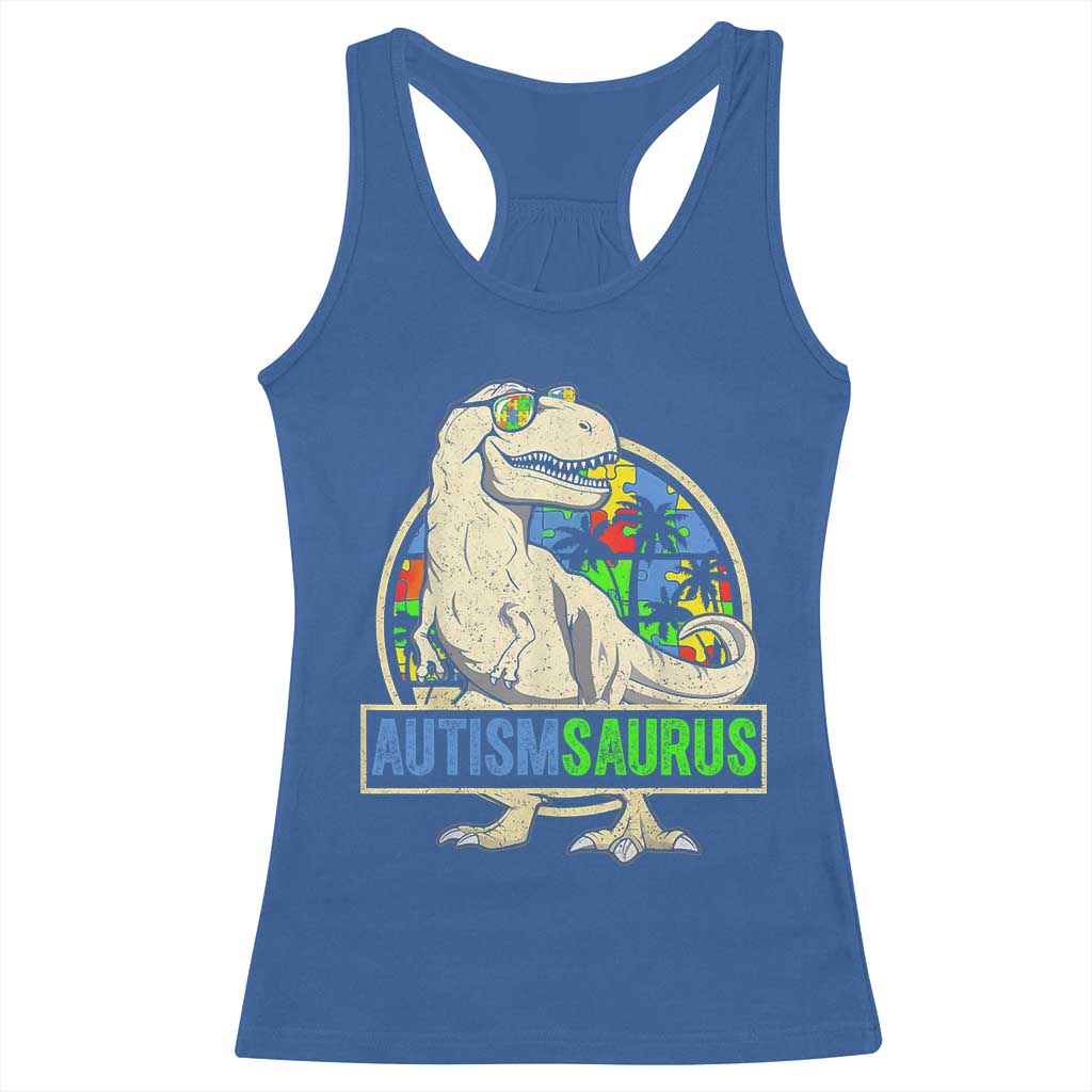 Funny Autism Awareness Dinosaur Racerback Tank Top Autismsaurus Puzzle Pieces