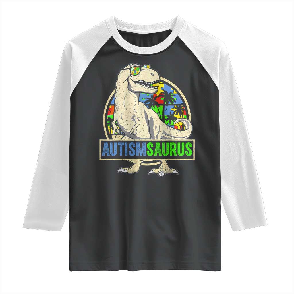 Funny Autism Awareness Dinosaur Raglan Shirt Autismsaurus Puzzle Pieces