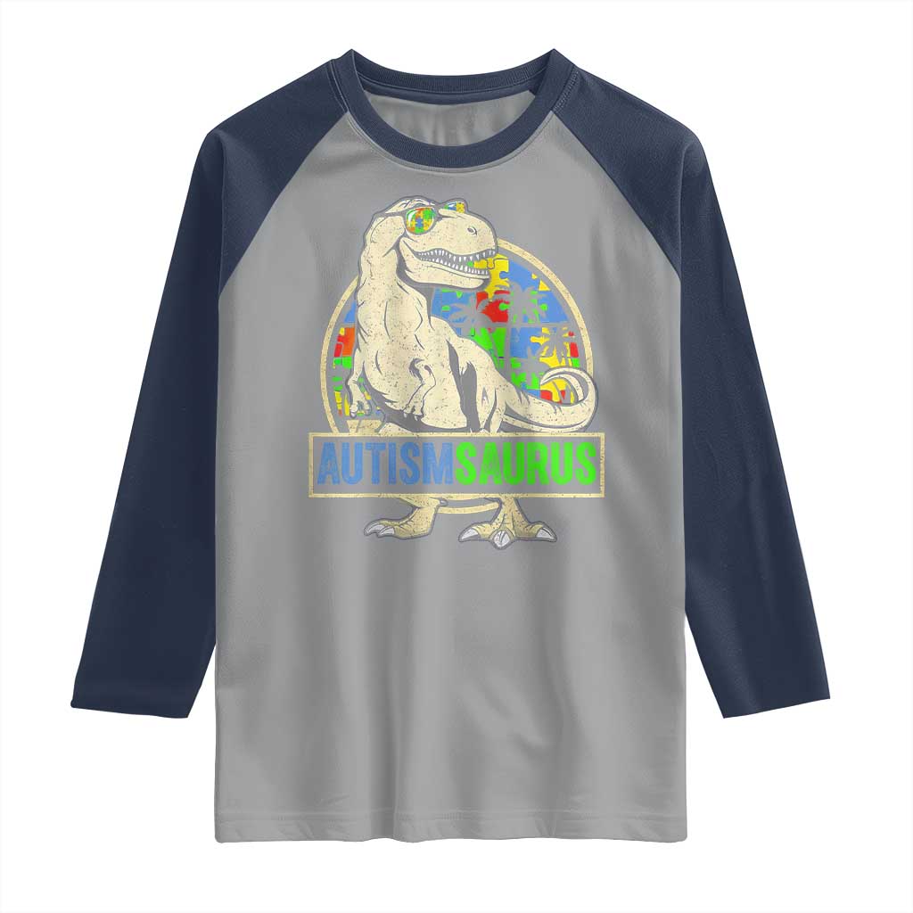Funny Autism Awareness Dinosaur Raglan Shirt Autismsaurus Puzzle Pieces