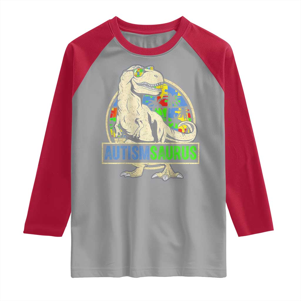 Funny Autism Awareness Dinosaur Raglan Shirt Autismsaurus Puzzle Pieces