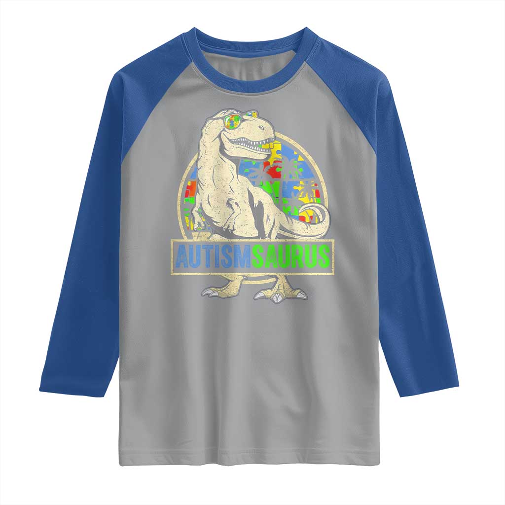 Funny Autism Awareness Dinosaur Raglan Shirt Autismsaurus Puzzle Pieces