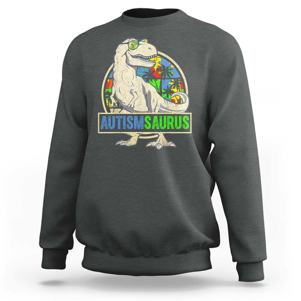 Funny Autism Awareness Dinosaur Sweatshirt Autismsaurus Puzzle Pieces