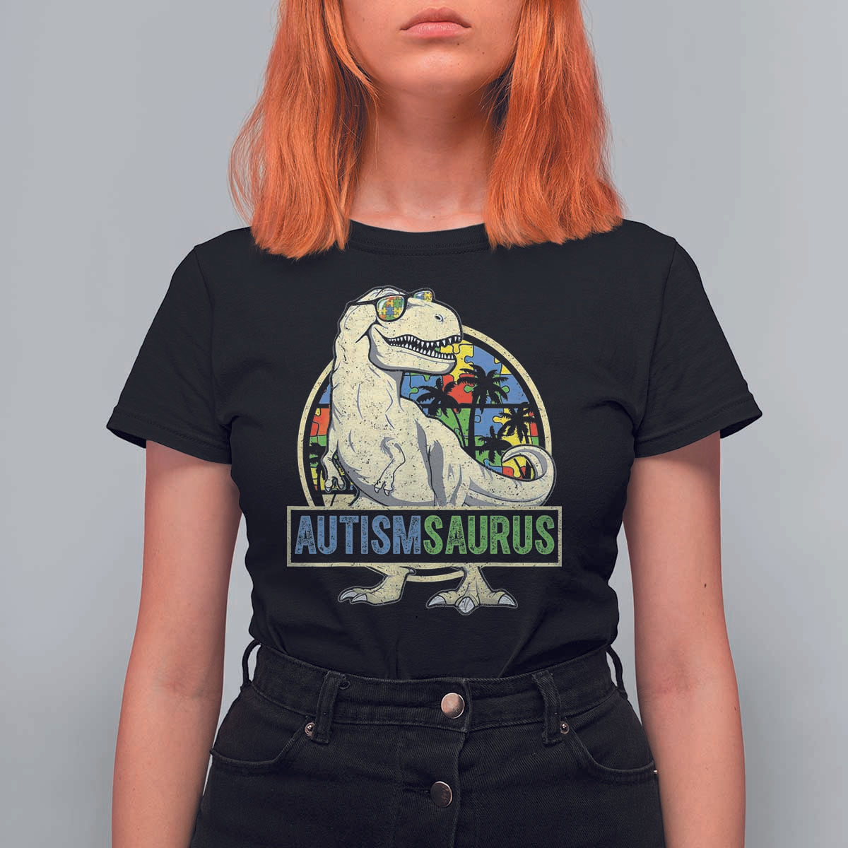 Funny Autism Awareness Dinosaur T Shirt For Women Autismsaurus Puzzle Pieces