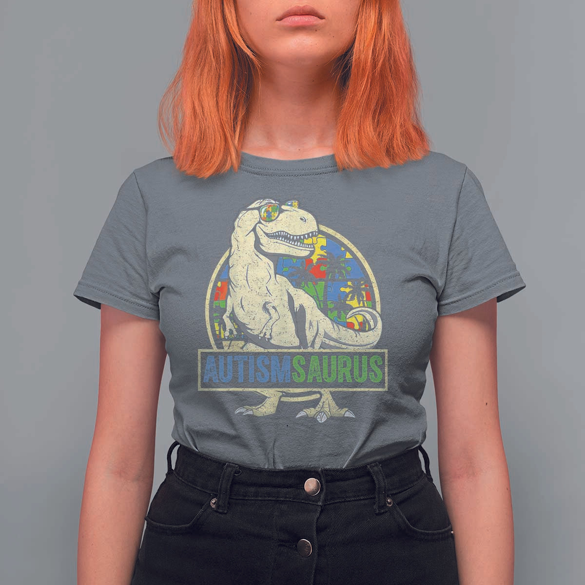 Funny Autism Awareness Dinosaur T Shirt For Women Autismsaurus Puzzle Pieces
