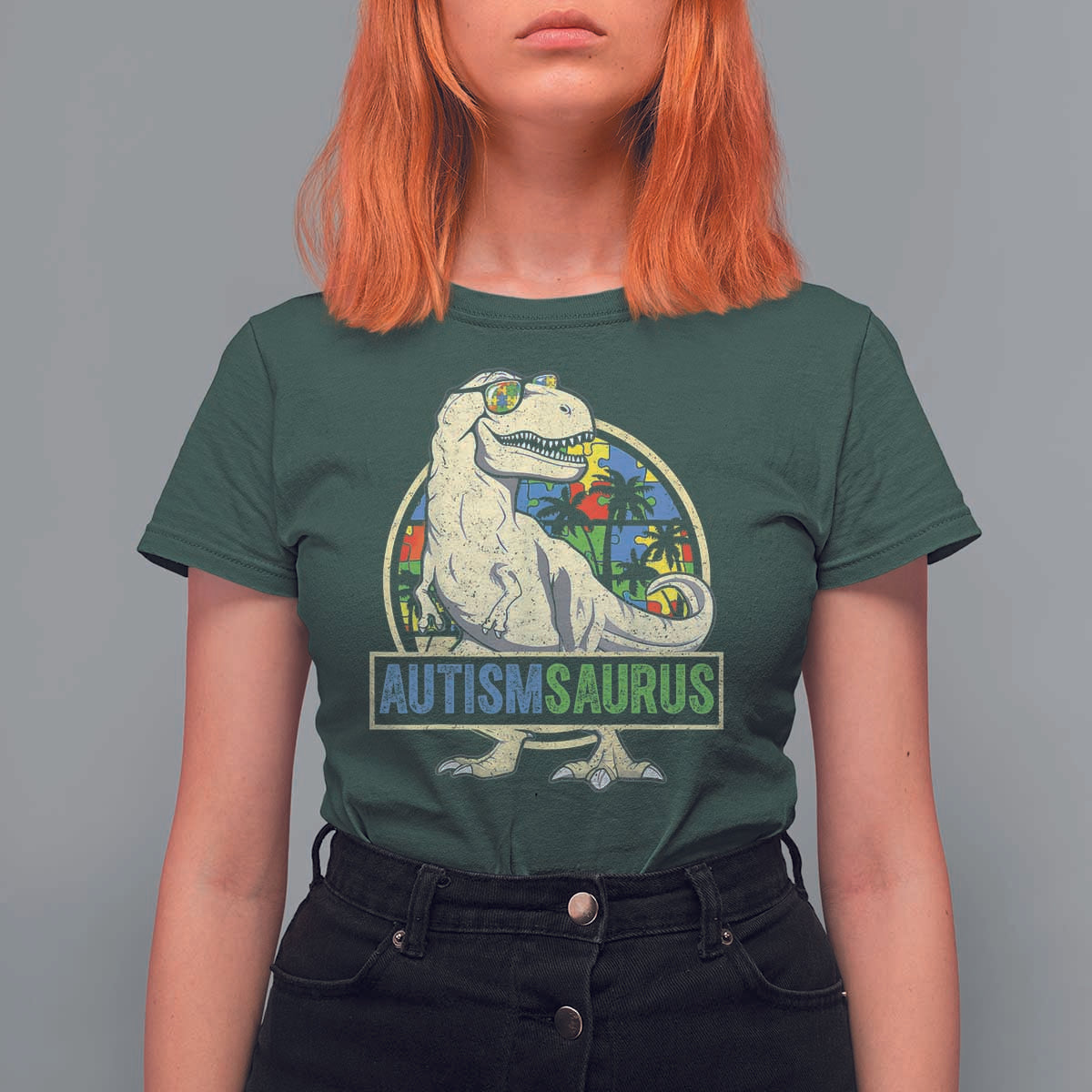 Funny Autism Awareness Dinosaur T Shirt For Women Autismsaurus Puzzle Pieces