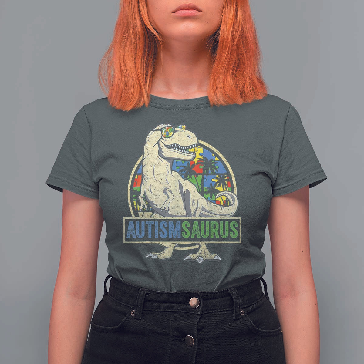 Funny Autism Awareness Dinosaur T Shirt For Women Autismsaurus Puzzle Pieces