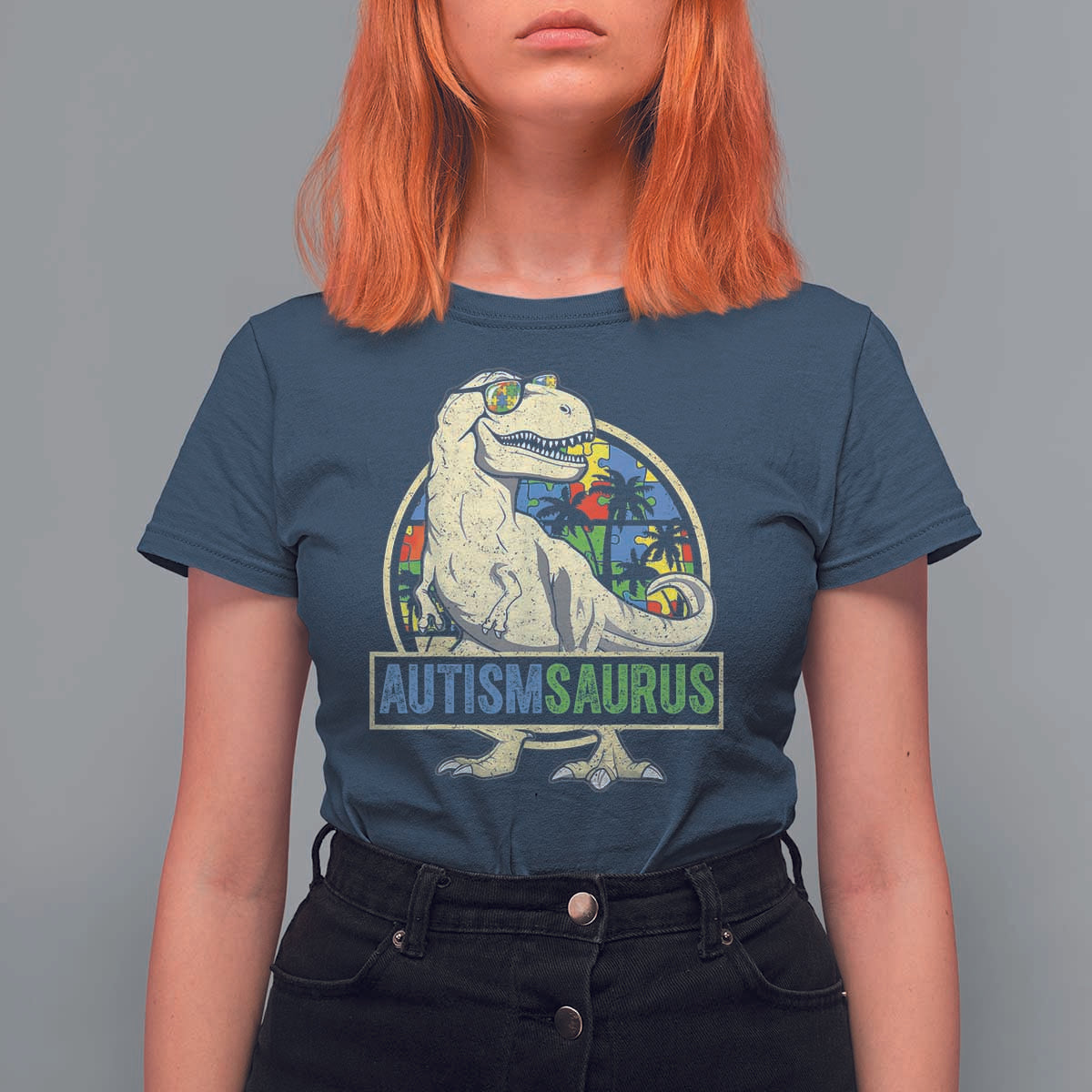 Funny Autism Awareness Dinosaur T Shirt For Women Autismsaurus Puzzle Pieces
