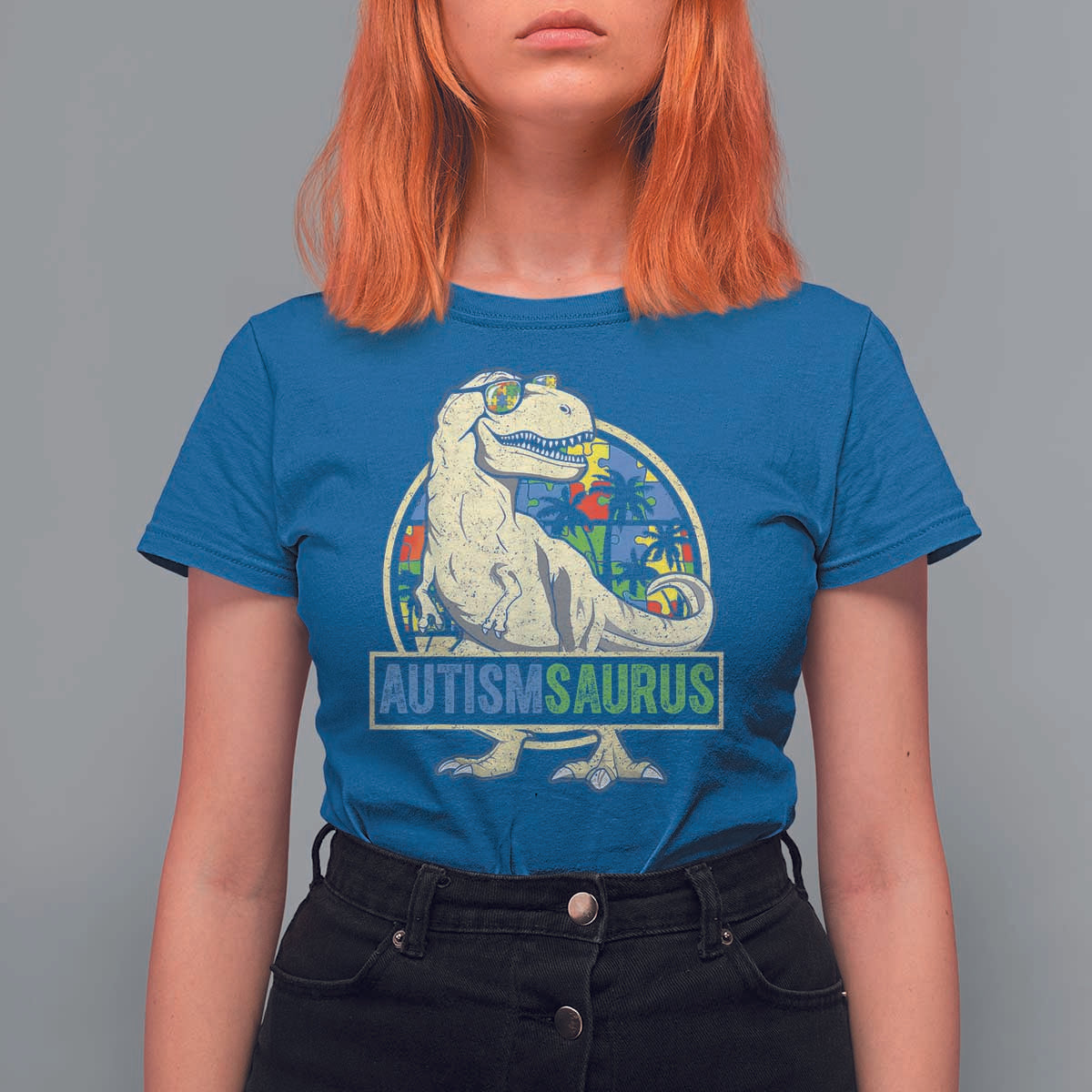 Funny Autism Awareness Dinosaur T Shirt For Women Autismsaurus Puzzle Pieces